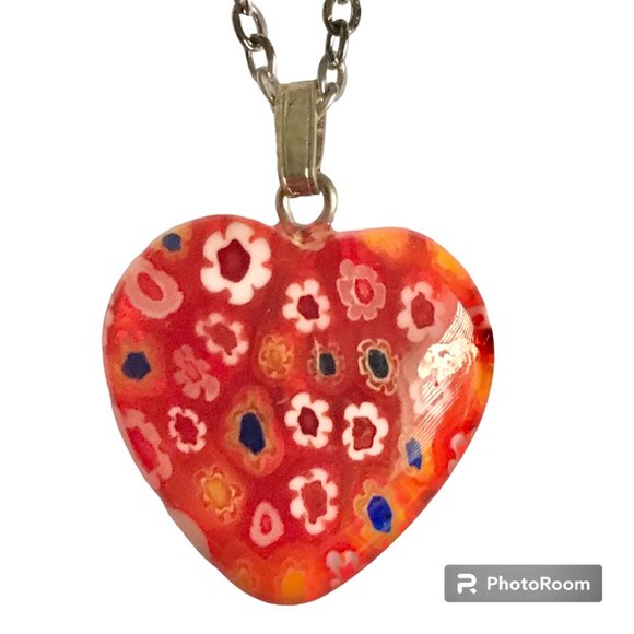 Orange Murano Glass Heart Necklace Millefiori Flowers Vintage Stainless Steel 18 - Picture 1 of 12